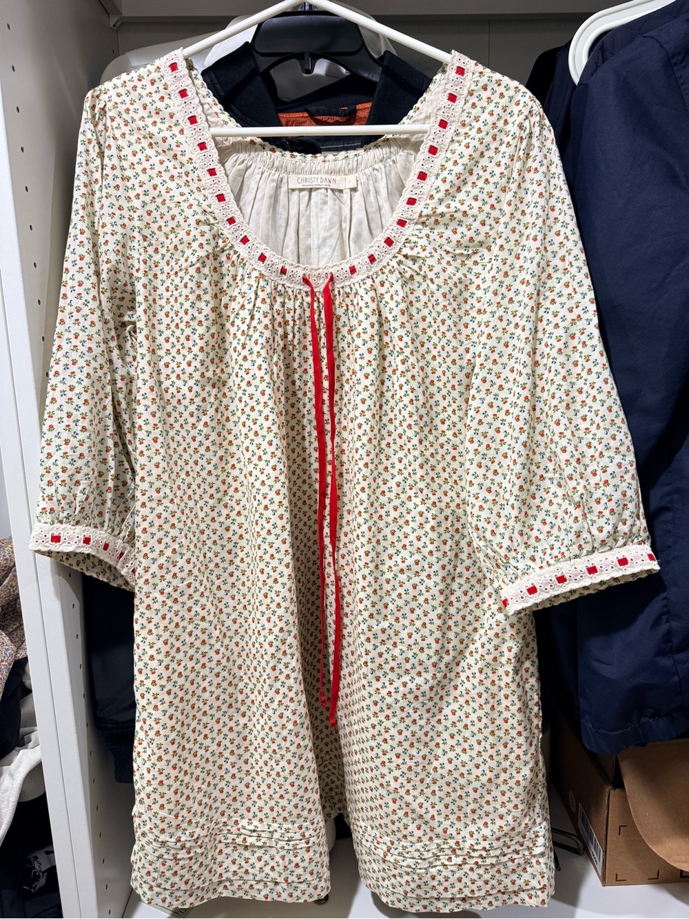 Christy Dawn Cream Floral Peasant Dress with Red Trim
